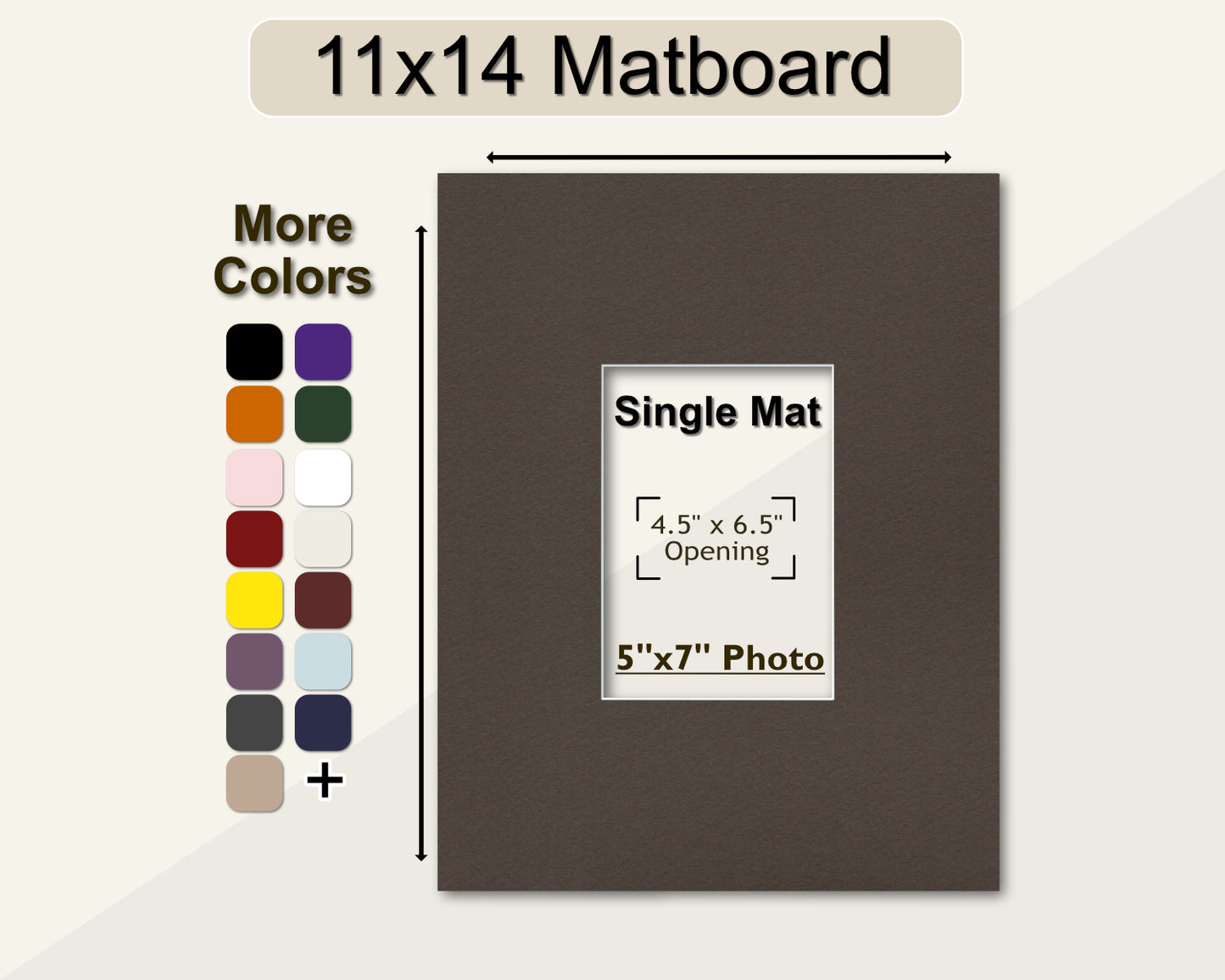 An 11x14 matboard with a pre-cut opening for a 5x7 photo, displayed alongside a color palette indicating available matboard colors.