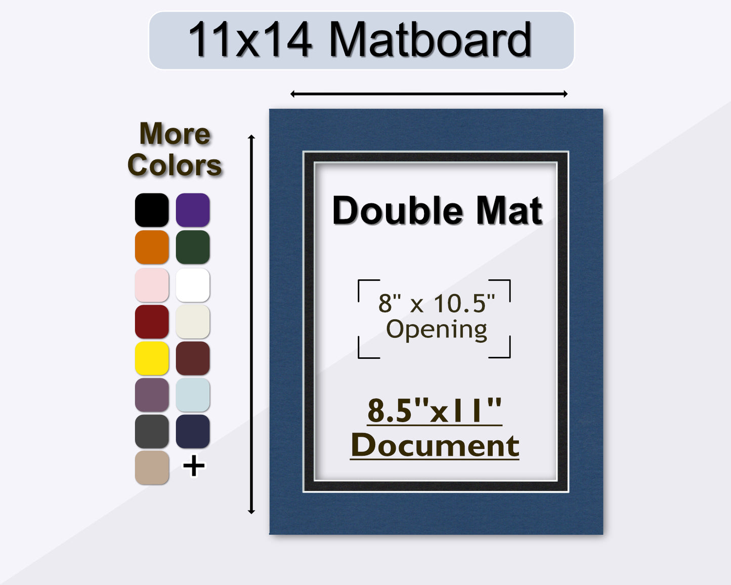 An 11x14 matboard with a double mat design, featuring a color selection palette and a central frame opening for an 8.5x11 document.