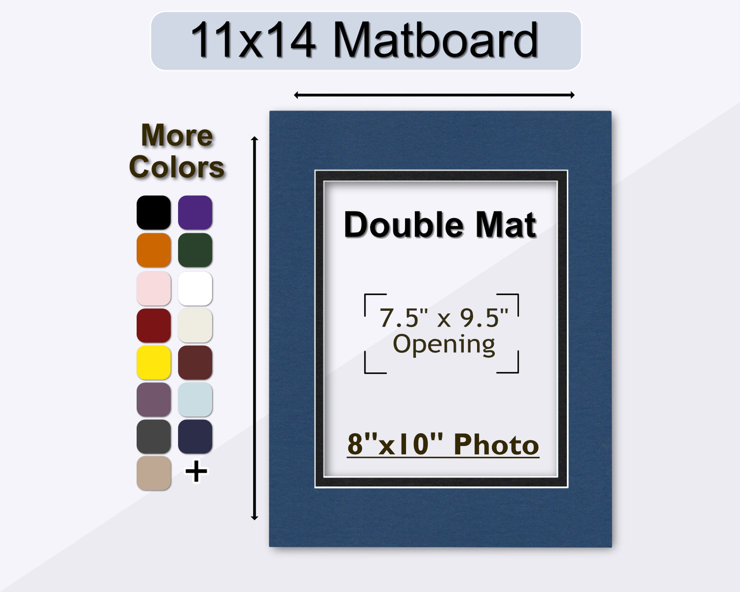 An 11x14 double matboard with an 8x10 photo opening, displayed with a selection of available mat colors.