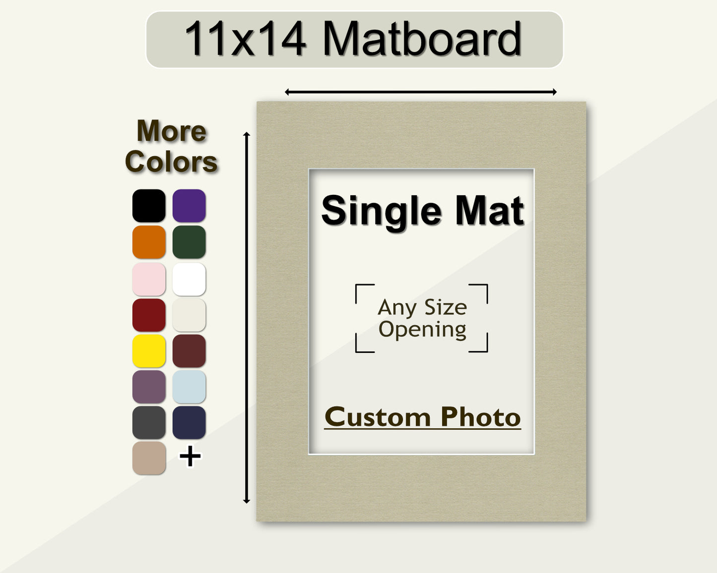 An 11x14 matboard with a custom opening for any size photo, displayed alongside a color palette for customization options.