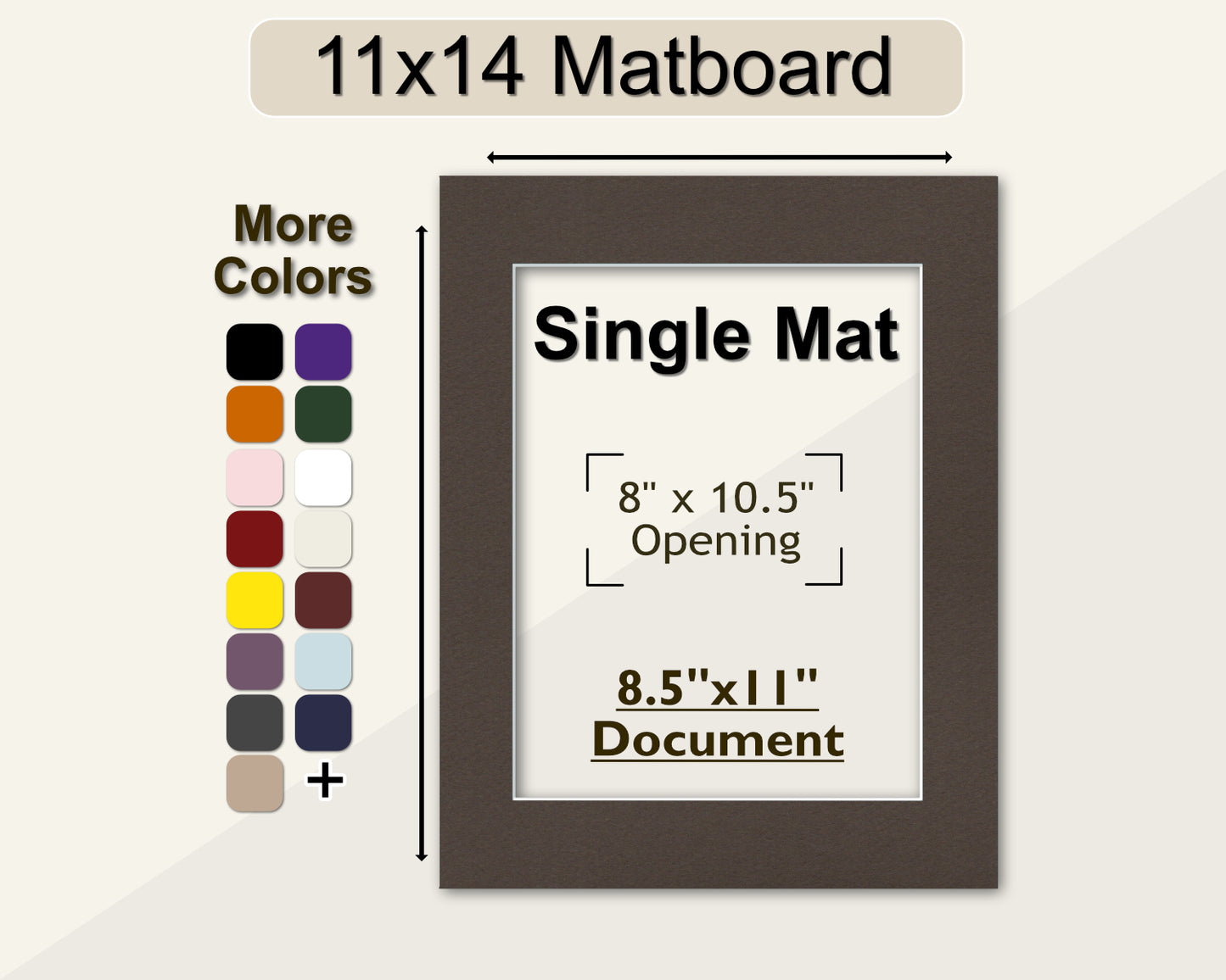 An 11x14 matboard with a pre-cut opening for an 8.5x11 document, displayed alongside a color palette for customization options.