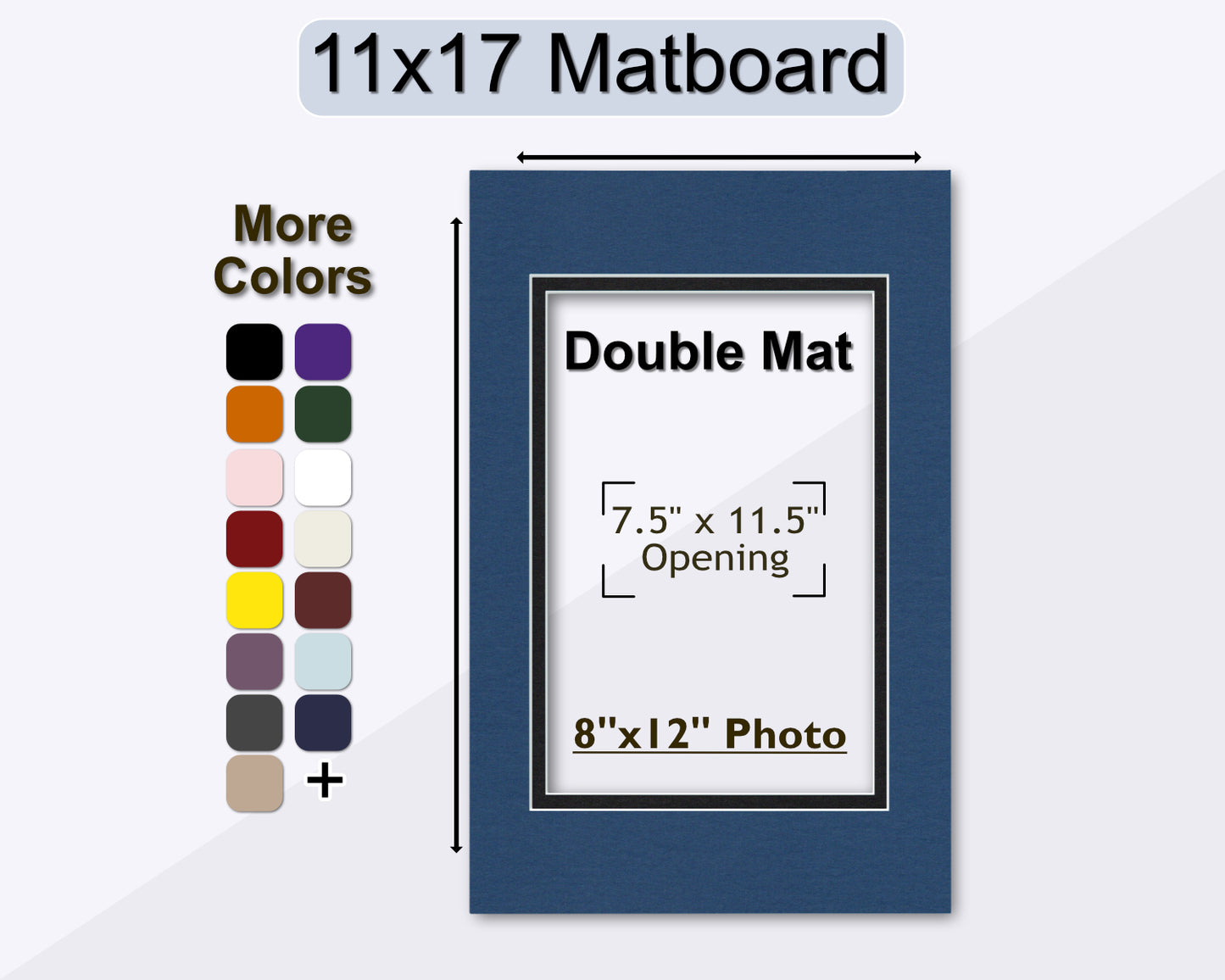 An 11x17 inch double matboard with a 7.5 x 11.5 inch opening for an 8x12 photo, displayed alongside a color selection panel.