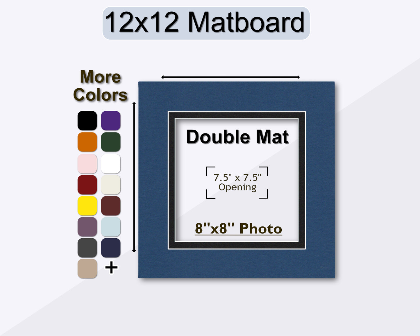 12x12 matboard with double mat design for 8x8 photo, color swatch on the side.