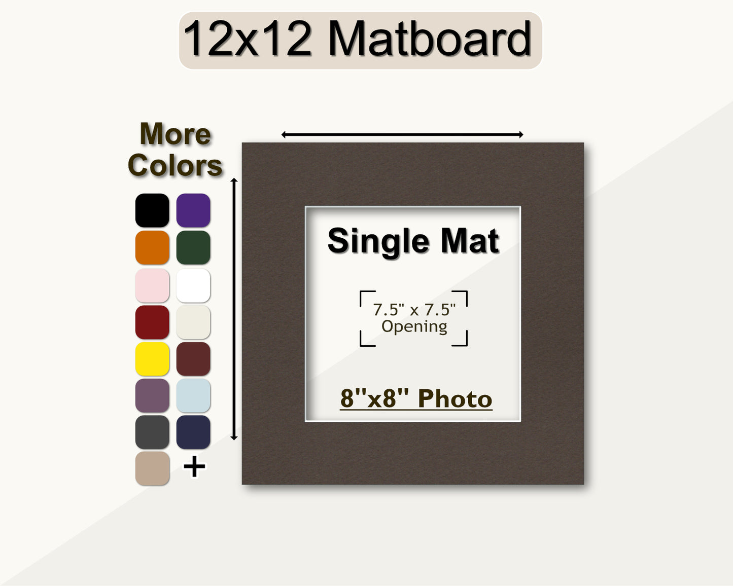 12x12 square picture matting for an 8x8 photo. Multiple colors available.