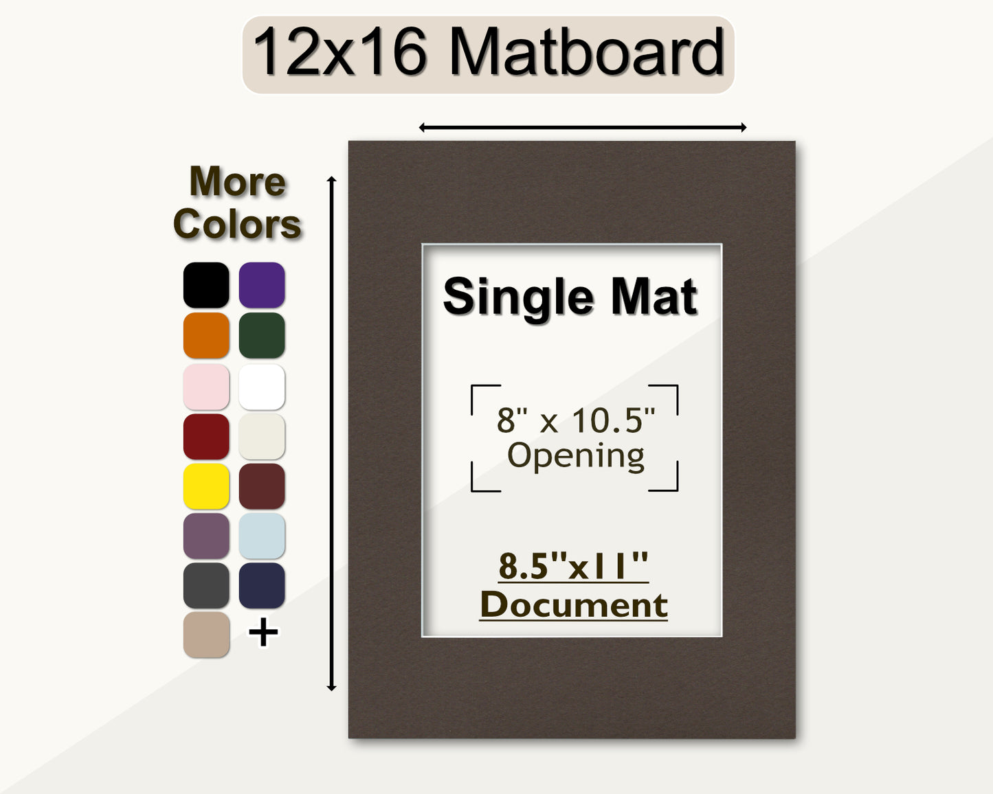 A 12x16 matboard with a single mat opening for an 8.5x11 document, displayed alongside a color palette with more color options.