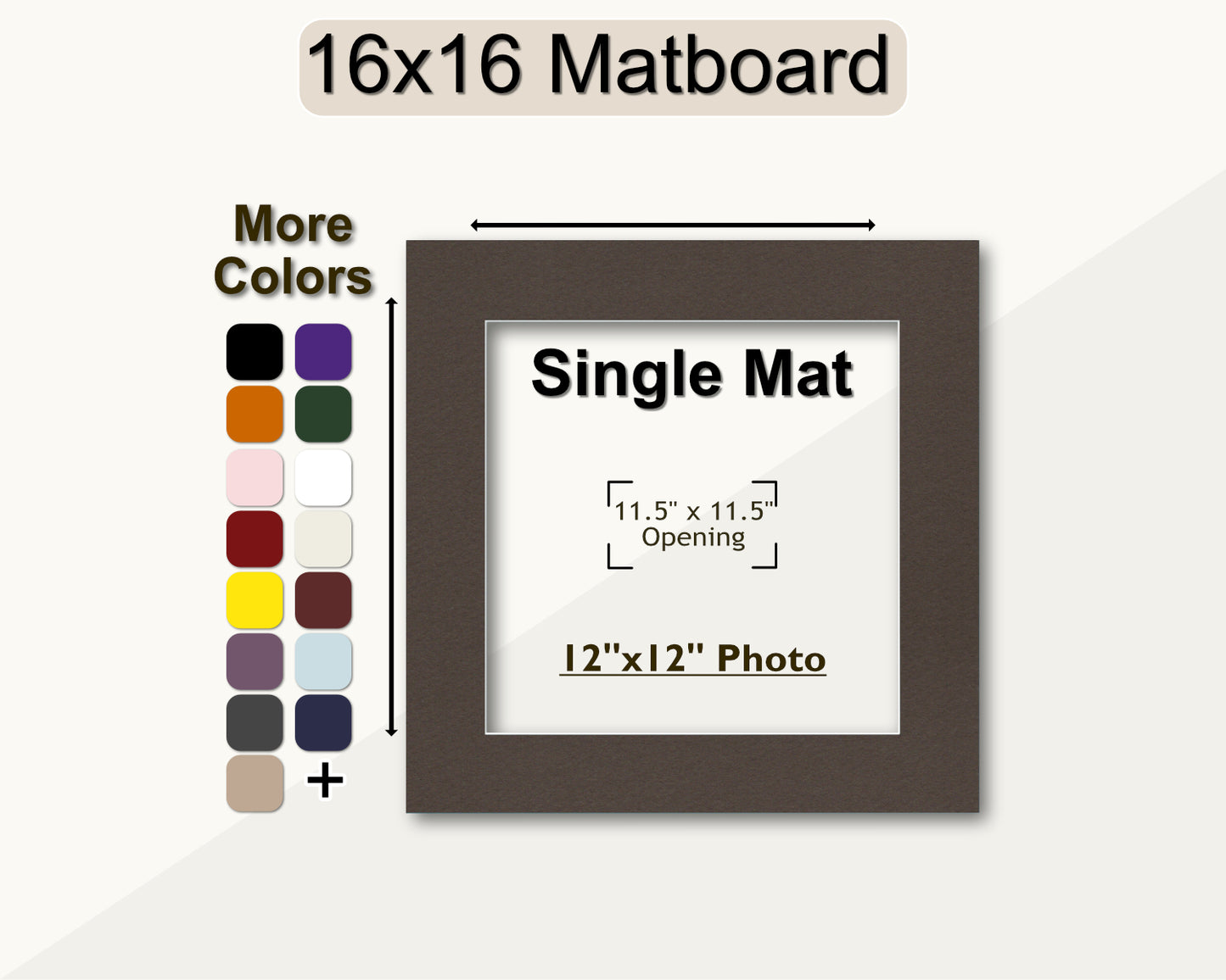 16x16 matboard with a single mat for a 12x12 photo, color swatch on the left.