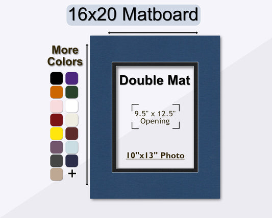 A 16x20 double matboard with a 9.5' x 12.5' opening for a 10x13 photo, displayed with a selection of available mat colors.