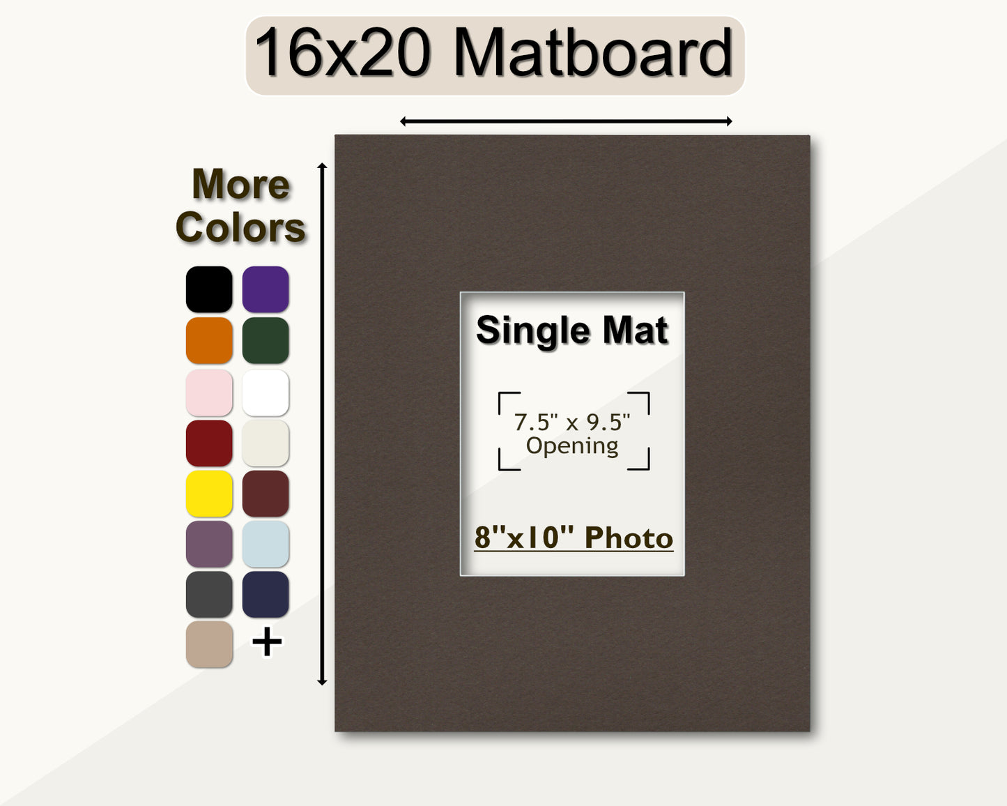 A 16x20 matboard with a pre-cut opening for an 8x10 photo, displayed with an assortment of color options.