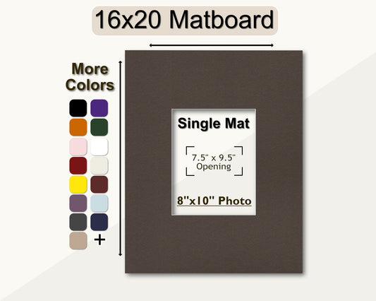 A 16x20 matboard with a pre-cut opening for an 8x10 photo, displayed with an assortment of color options.