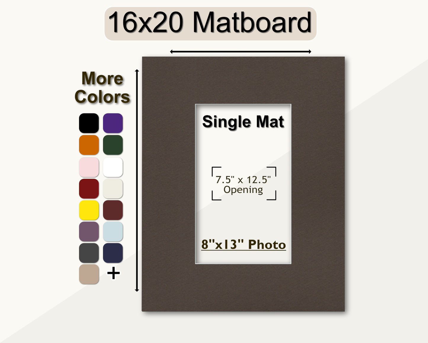 A 16x20 matboard with a pre-cut opening for an 8x13 photo, displayed alongside a color palette for customization options.