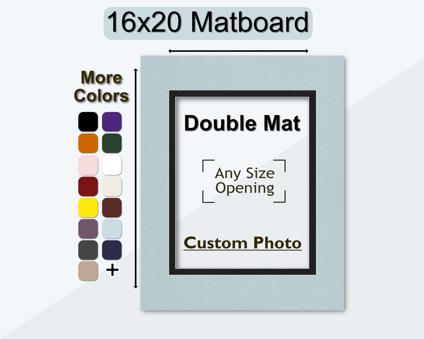 A 16x20 double matboard with a custom photo opening, displaying various color options available for the matting.