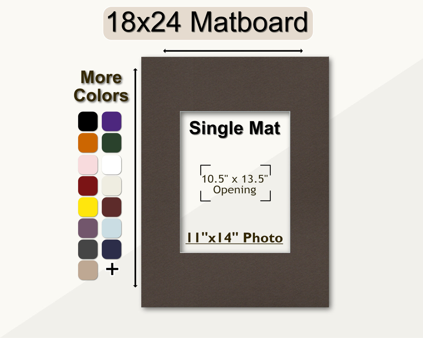 An 18x24 matboard with a pre-cut opening for an 11x14 photo, displayed alongside a color palette with various options for matboard colors.