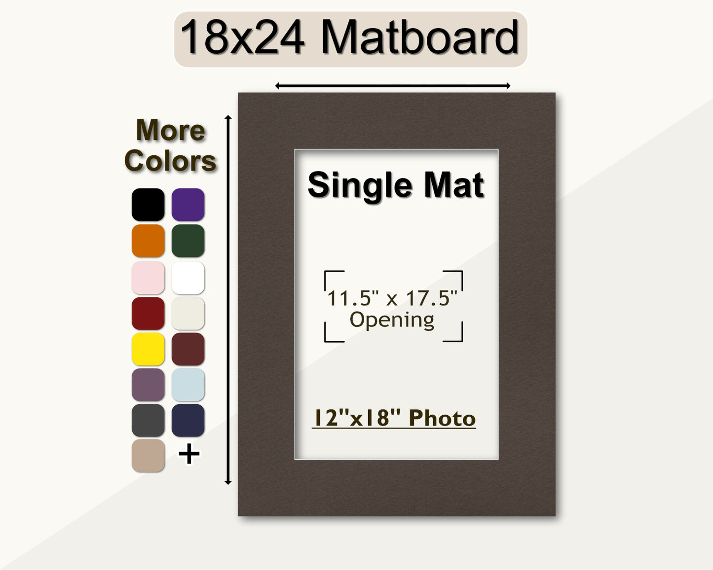 An 18x24 matboard with a single mat opening for a 12x18 photo, displayed alongside a color palette for customization options.