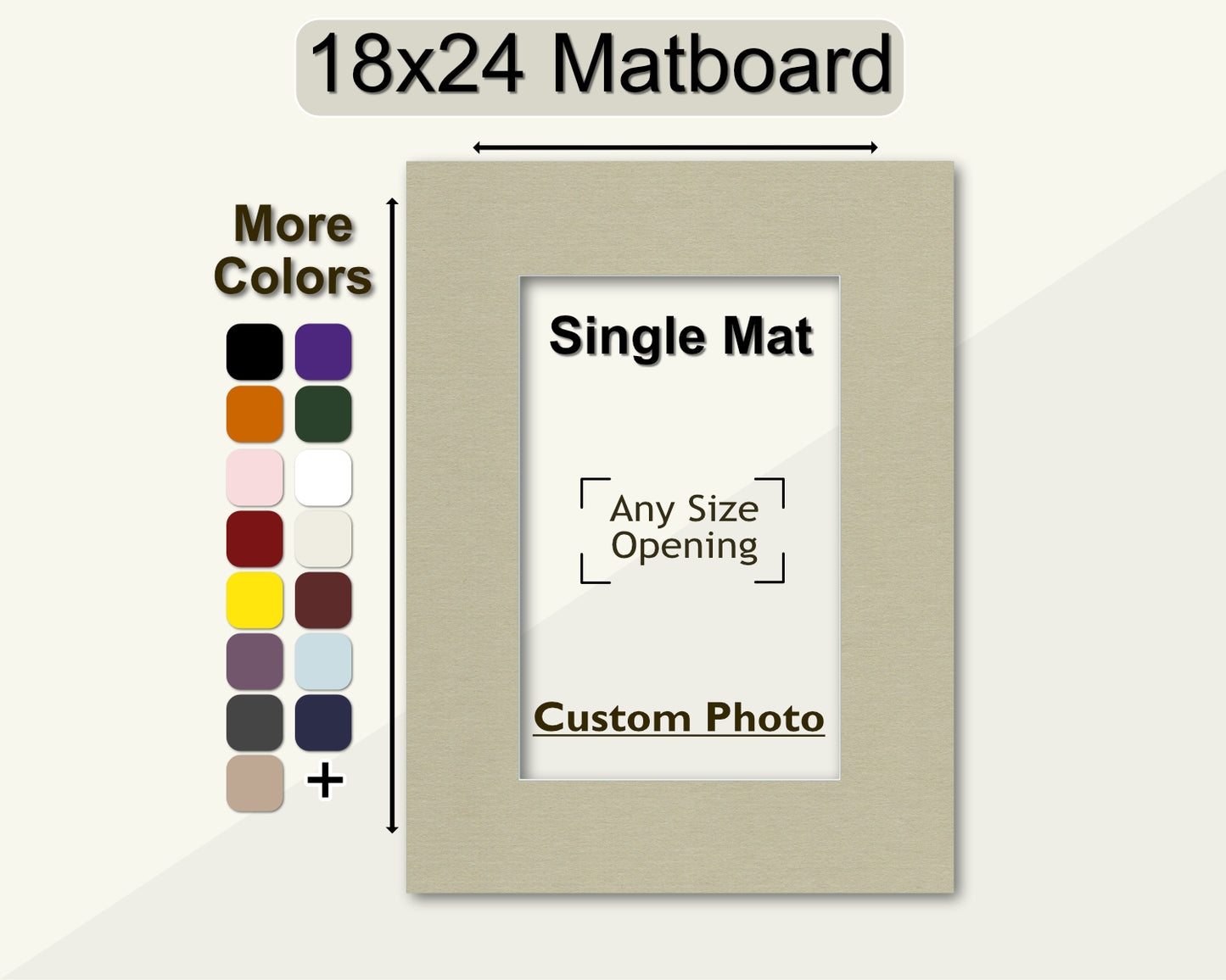 An 18x24 matboard with a single mat opening for a custom photo, displayed alongside a color palette for customization options.