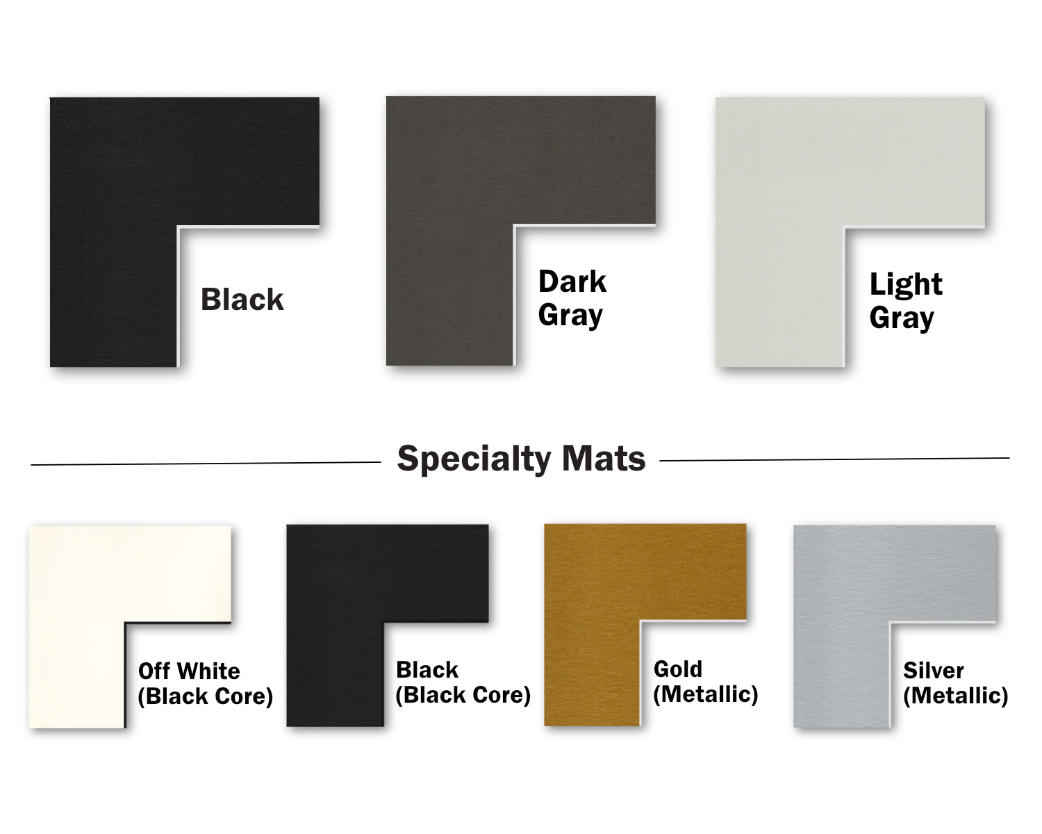 Color swatch comparisons showing all the black and  gray options grouped together. Also showing specialty metallic and black core mats.