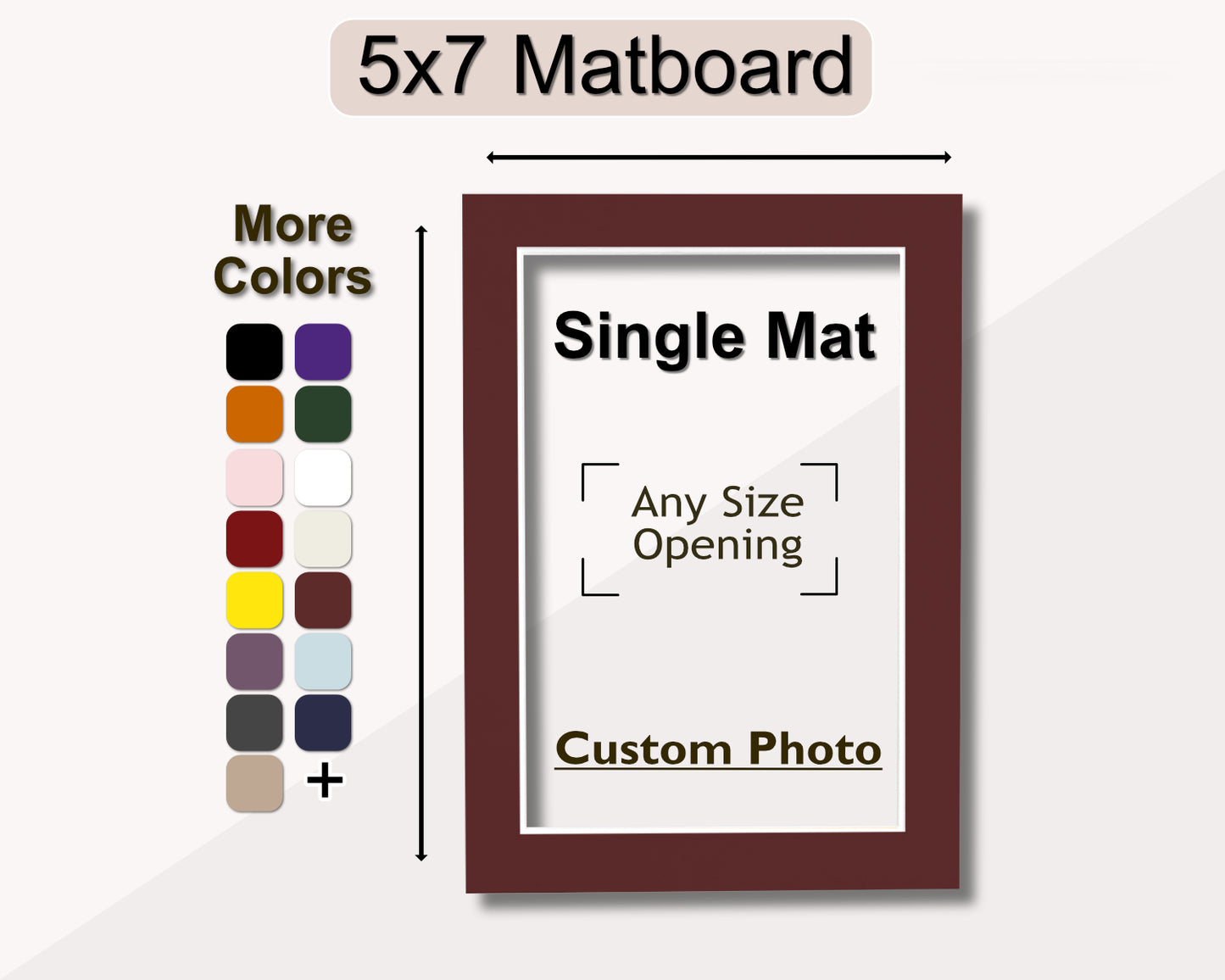 A 5x7 matboard with an opening for a custom photo, displayed alongside a color palette for customization options.
