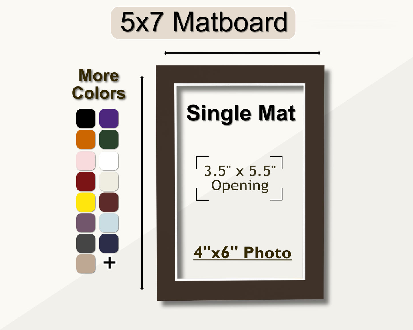 An image showing a 5x7 matboard with an opening for a 4x6 photo. A variety of mat colors are displayed on the left side.