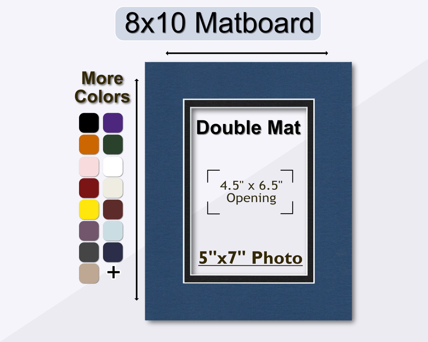 An 8x10 matboard with a double mat opening for a 5x7 photo, indicating more color options available.