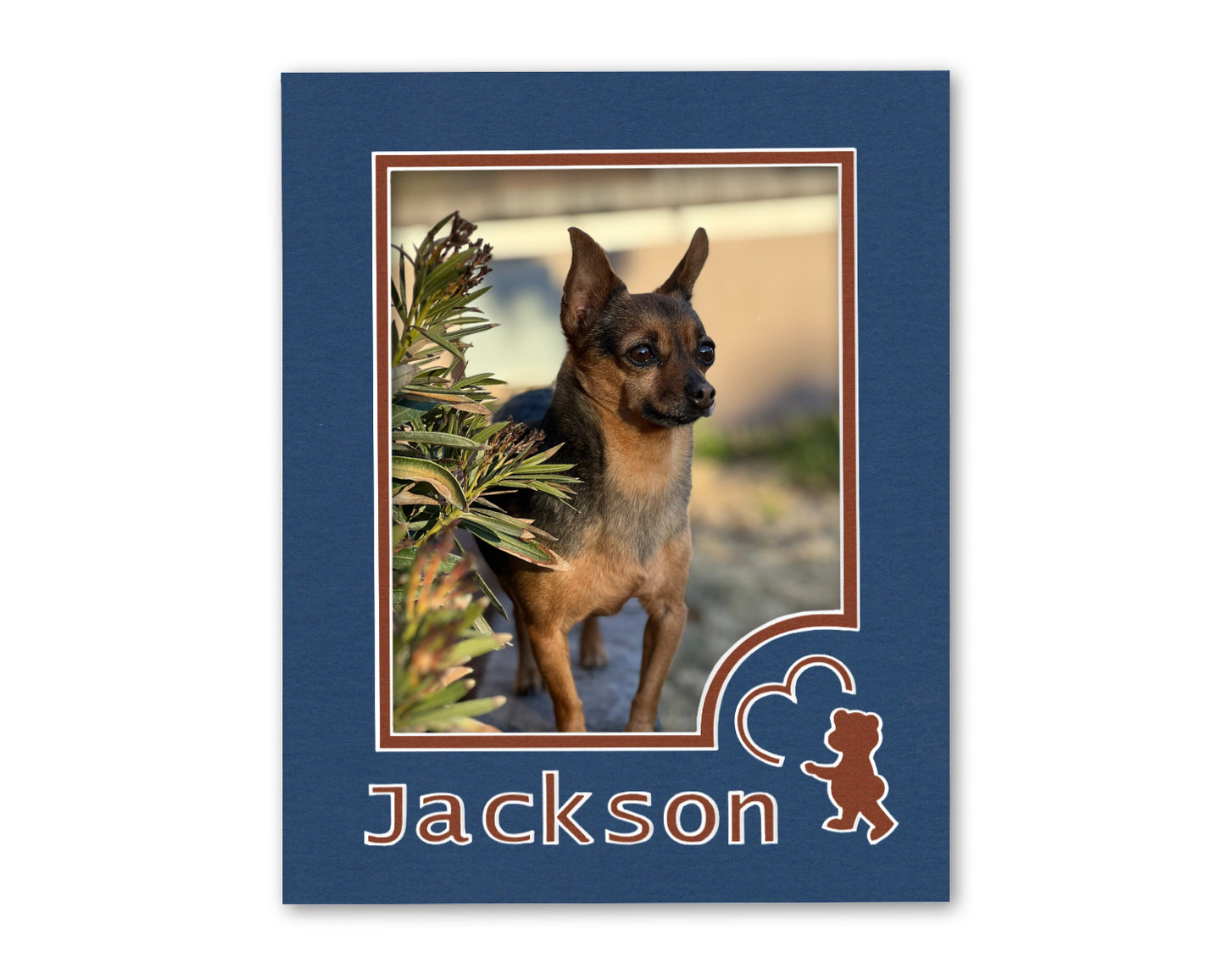 An example of what this custom 11x14 bear mat looks like with a personalized name and 8x10 photo.
