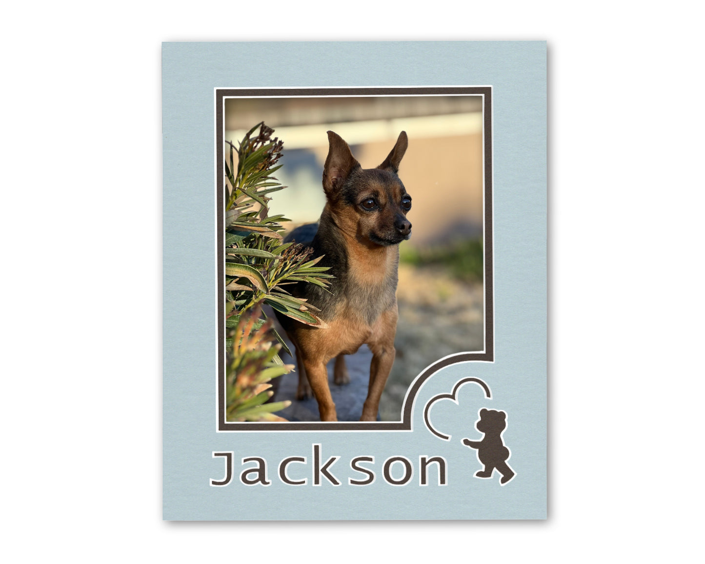 An example of what this custom 11x14 bear mat looks like with a personalized name and 8x10 photo.