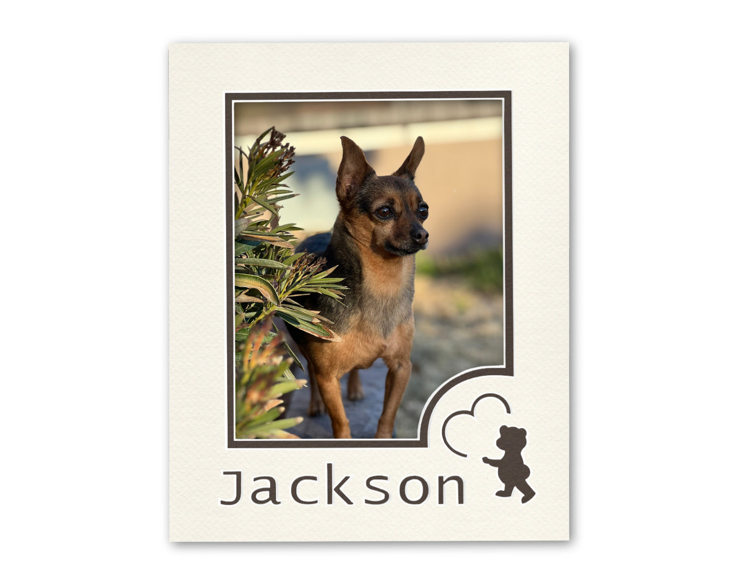 An example of what this custom 11x14 bear mat looks like with a personalized name and 8x10 photo.