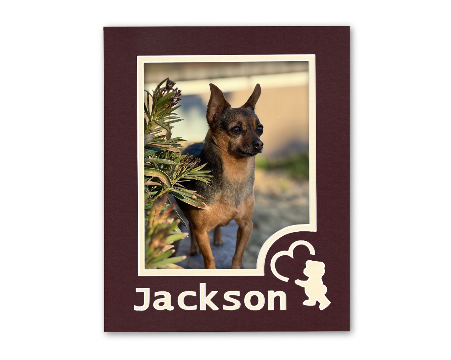 An example of what this custom 11x14 bear mat looks like with a personalized name and 8x10 photo.