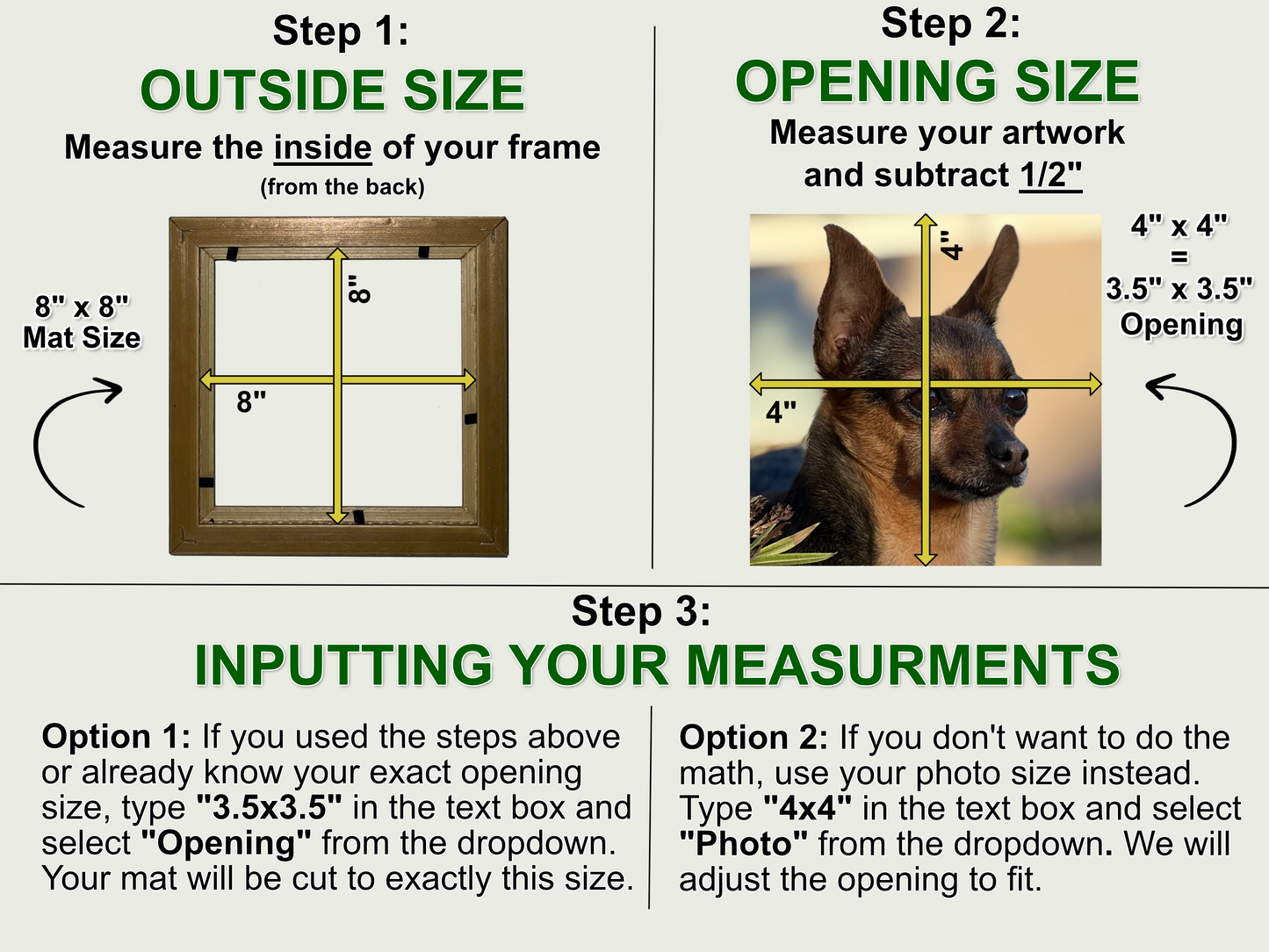 Instructions for measuring for the correct mat size and inputting your measurements on the product page. All this information is repeated more thoroughly in the product description.
