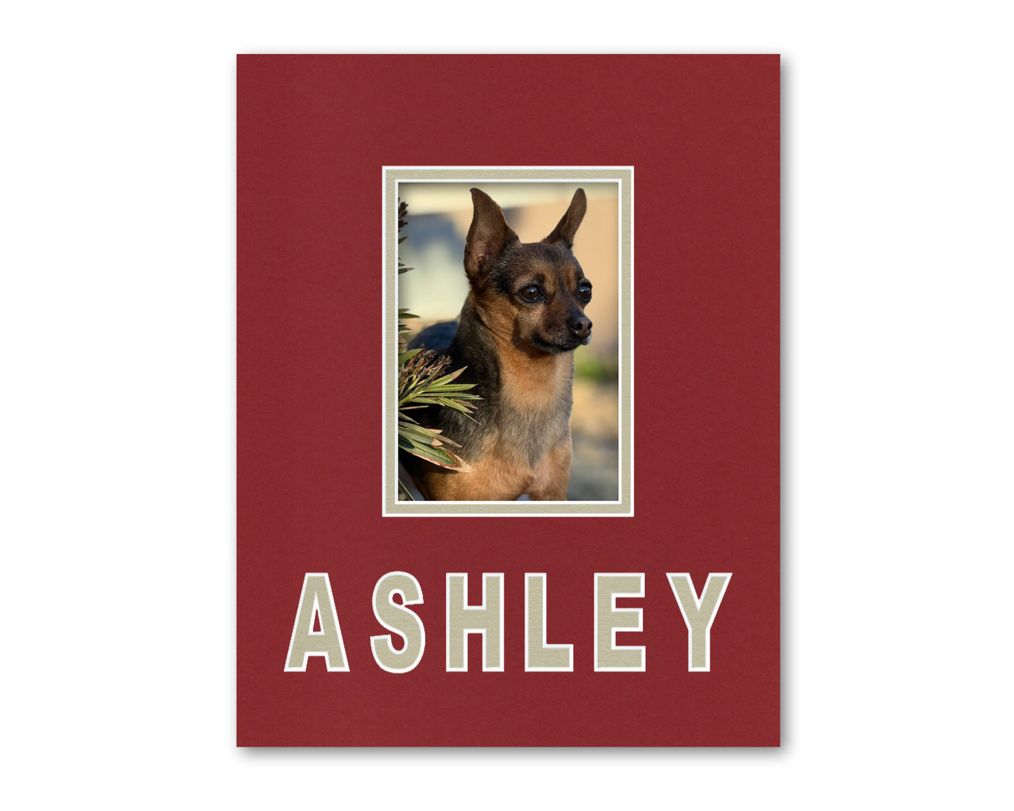 An example of what this custom 11x14 mat looks like with a personalized name and 5x7 photo.