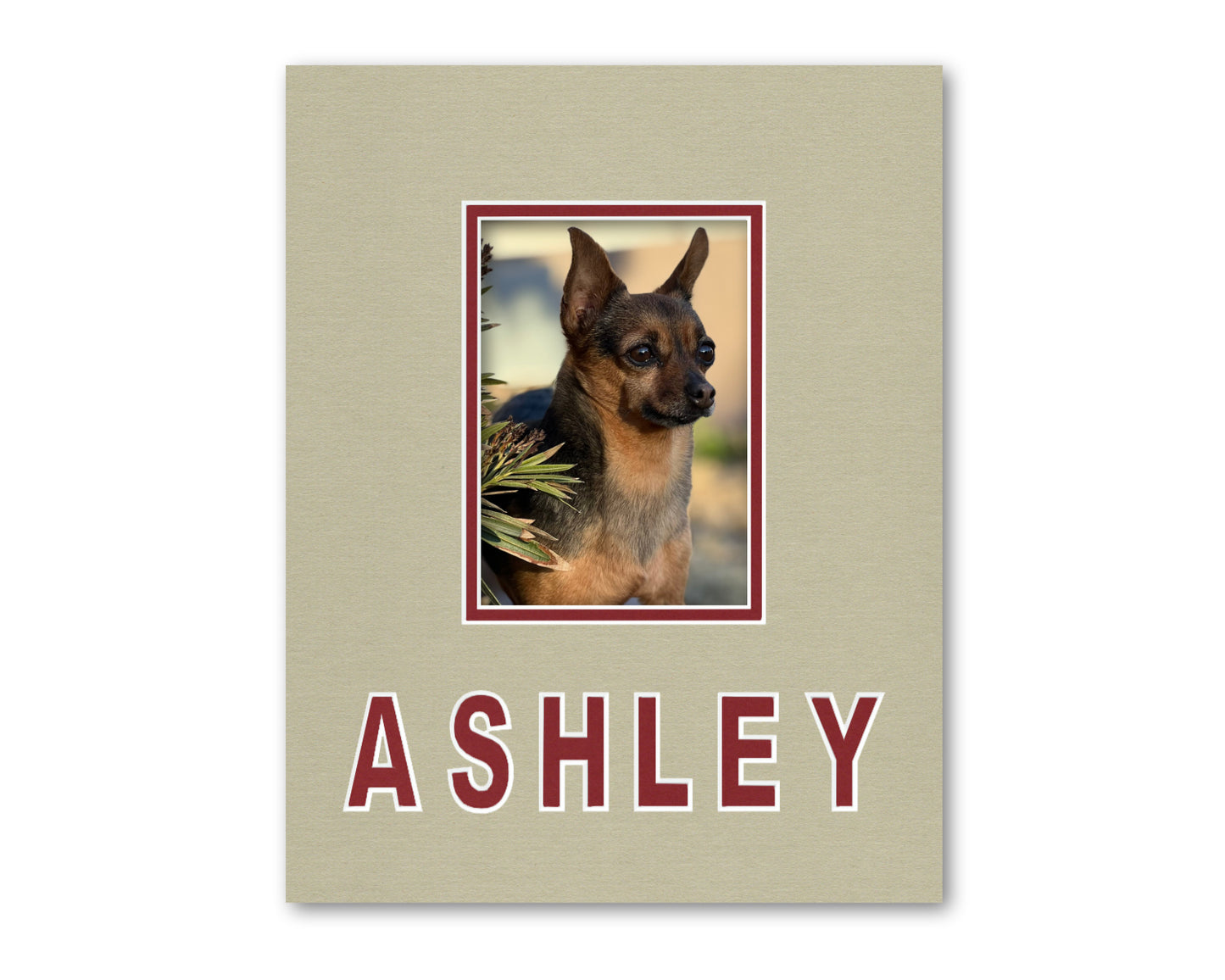 An example of what this custom 11x14 mat looks like with a personalized name and 5x7 photo.