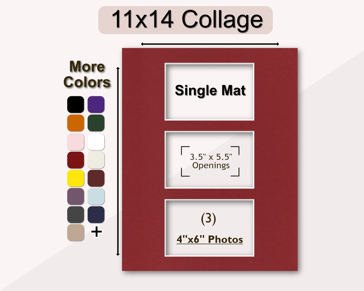 11x14 collage matboard for three 4x6 photos. Multiple colors available.
