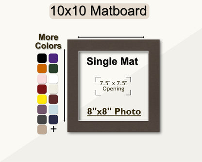 10x10 matboard with a pre-cut opening for an 88 square photo. multiple colors to choose from.
