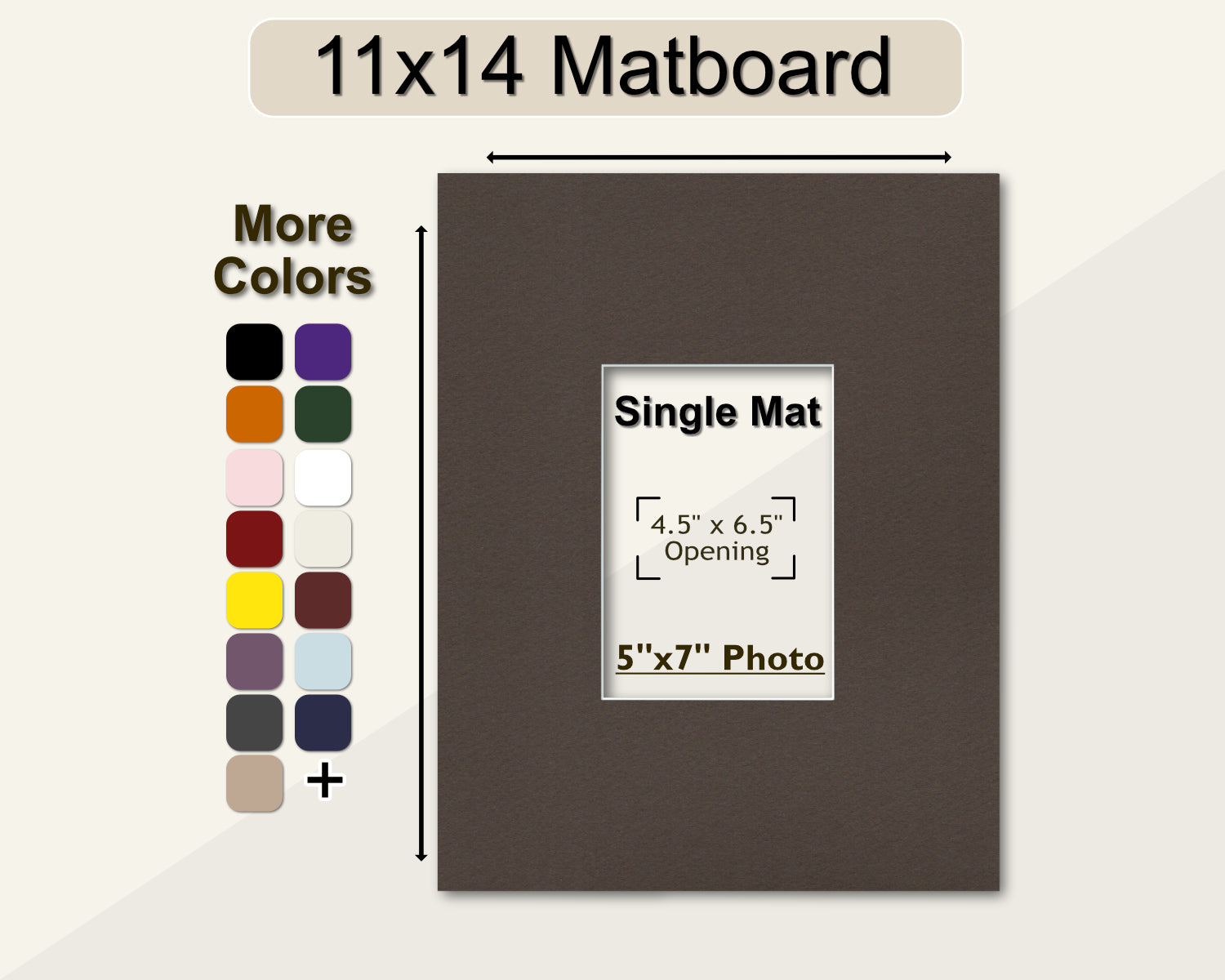 An 11x14 matboard with a pre-cut opening for a 5x7 photo, displayed alongside a color palette indicating available matboard colors.