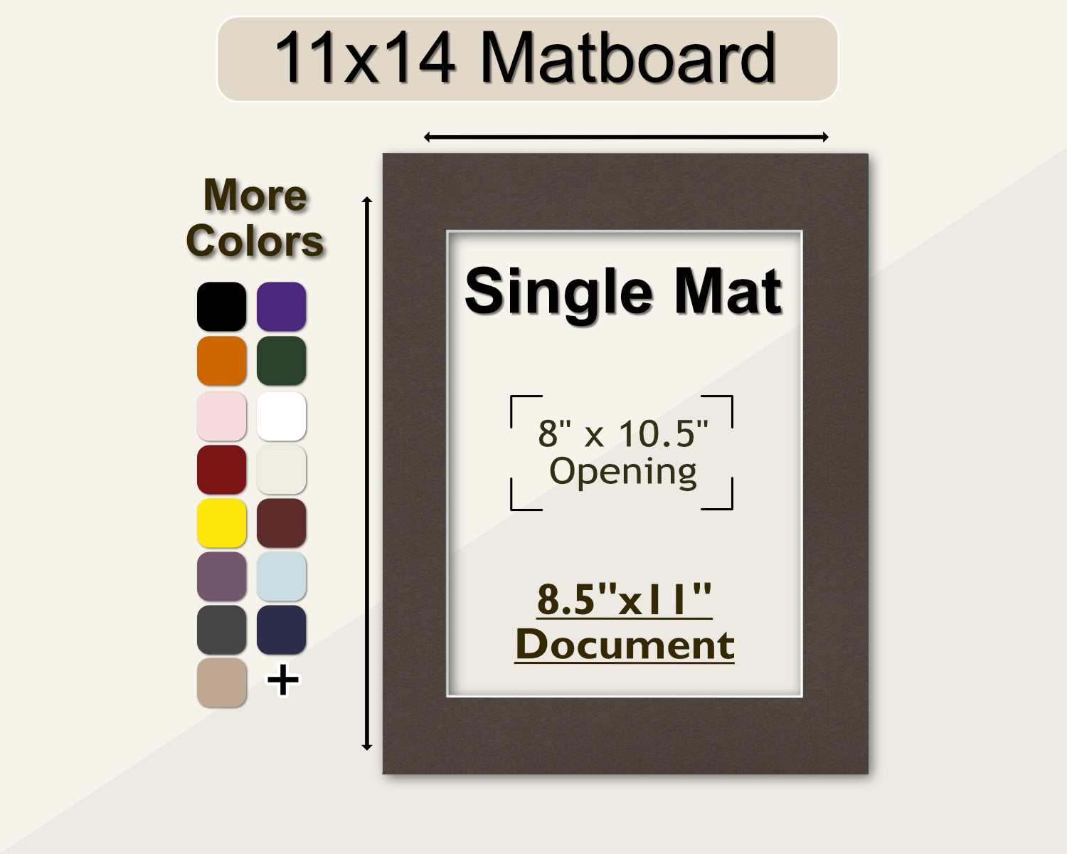 An 11x14 matboard with a pre-cut opening for an 8.5x11 document, displayed alongside a color palette for customization options.
