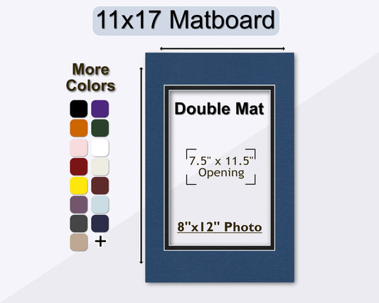 An 11x17 inch double matboard with a 7.5 x 11.5 inch opening for an 8x12 photo, displayed alongside a color selection panel.