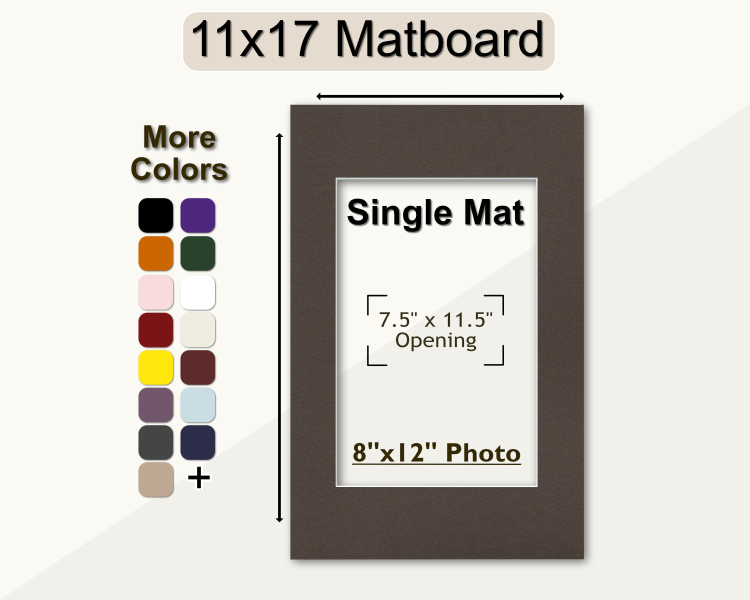 An 11x17 inch framing mat pre-cut to accommodate an 8x12 inch photo with a white core. The image also displays a variety of color options available for the matboard.