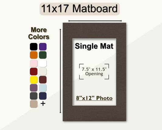 An 11x17 inch framing mat pre-cut to accommodate an 8x12 inch photo with a white core. The image also displays a variety of color options available for the matboard.