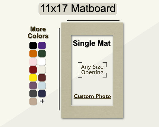 An 11x17 matboard with a single mat opening for a custom photo, displayed alongside a color palette with more color options available.