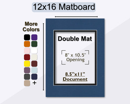 A 12x16 inch double matboard pre-cut for a 8.5x11 inch photo or document. Multiple colors available.
