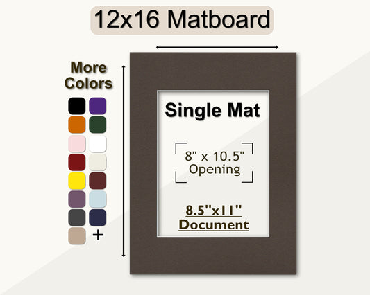A 12x16 matboard with a single mat opening for an 8.5x11 document, displayed alongside a color palette with more color options.