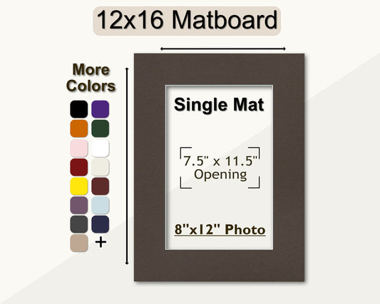 An image showing a 12x16 matboard with a single mat opening for an 8x12 photo. A color palette with various color options is also displayed.