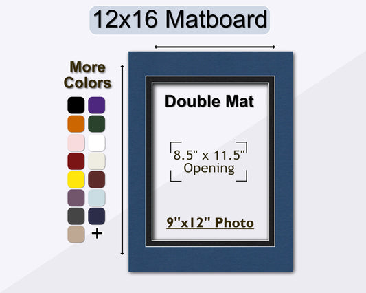 An image showing a 12x16 matboard with a double mat opening for a 9x12 photo. A color palette with various color options is also displayed.