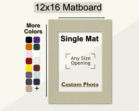 A 12x16 picture framing mat where you can choose your own custom opening for any size photo. Multiple colors available.