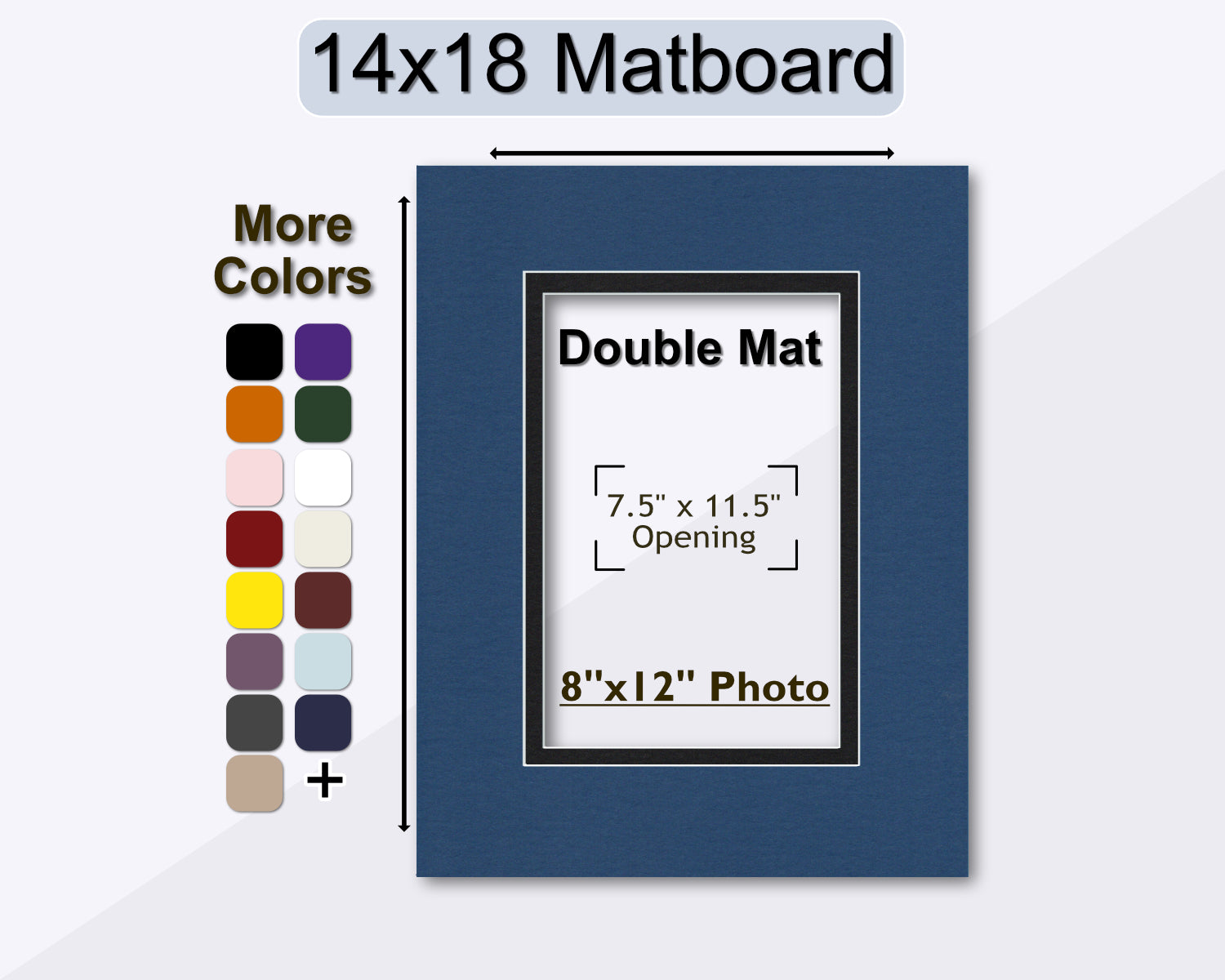 An image showing a 14x18 matboard with a double mat opening for an 8x12 photo, along with a color selection palette.