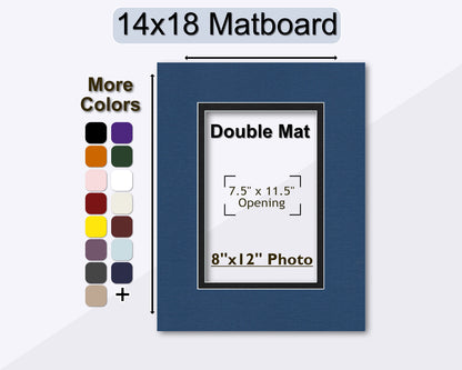 An image showing a 14x18 matboard with a double mat opening for an 8x12 photo, along with a color selection palette.