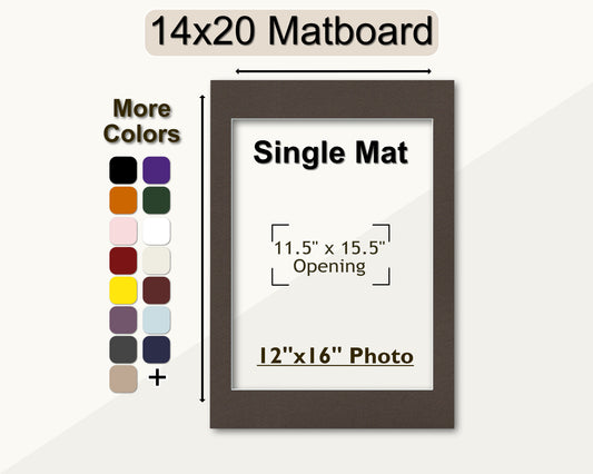 A 14x20 matboard with a pre-cut opening for a 12x16 photo. Multiple colors available.