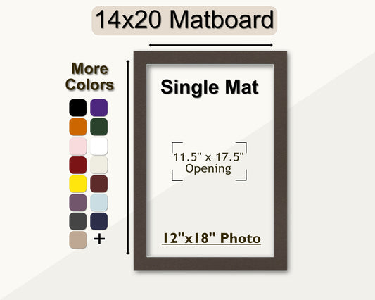 A 14x20 mat with a pre-cut opening for a 12x18 photo. Multiple colors available.