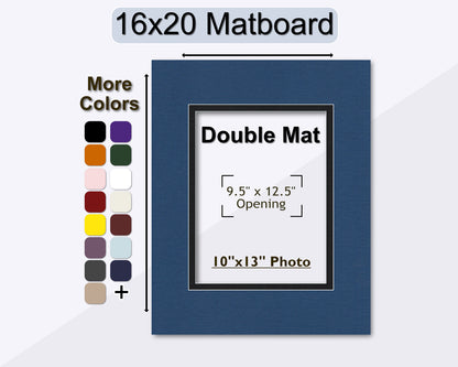 A 16x20 double matboard with a 9.5' x 12.5' opening for a 10x13 photo, displayed with a selection of available mat colors.