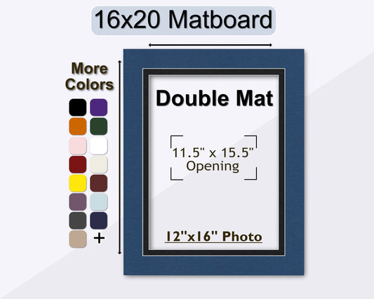 An image showing a 16x20 double matboard with a 12x16 photo opening, along with a color palette of available mat colors.