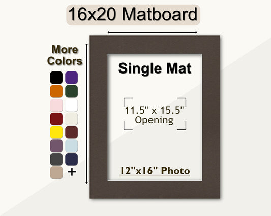 16x20 framing mat with a pre-cut opening to a fit a 12x16 photo. Multiple color options.