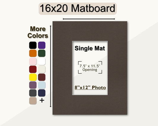 A 16x20 framing mat with a pre-cut opening for an 8x12 photo. Multiple colors available.